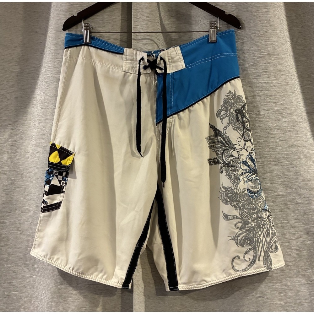 Burnside Mens Y2K Grunge Skate Surf Swim Trunks White Blue Graphic Size 34